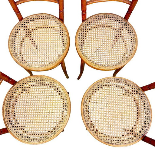 Set of four antique bentwood café chairs – Thonet / Fischel style – webbing seats