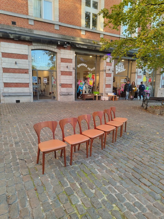 Set di sei sedie da pranzo in teak e pelle marrone chiaro, Koefoed Hornslet, Legno, Mid Century Modern (foto 13 di 13)
