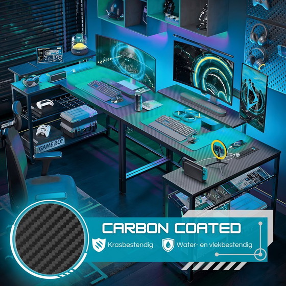 Image 1 of Five Stars® L-Shaped Game Desk - 107x80x76 cm - Game Desk with LED Lighting - Black Carbon - Corner Desk