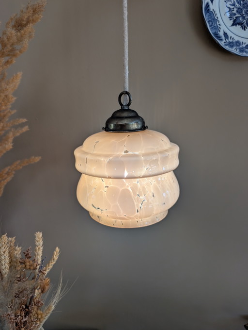 Prachtige Roze Art Deco hanglamp van clichy glas