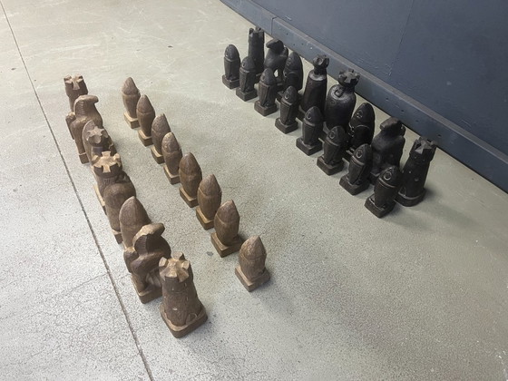 Image 1 of Großes, handgefertigtes Schachfigurenset aus Holz, 1960er Jahre