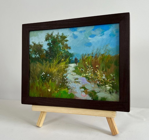 Original Oil Painting Summer Road Landscape A walk in the arms of nature