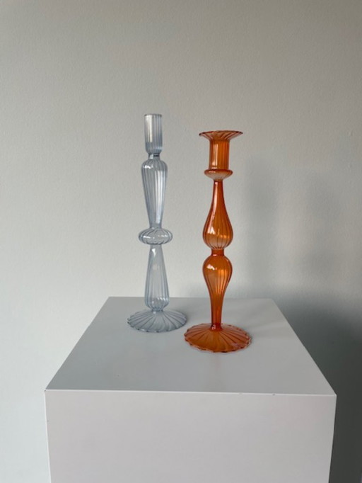 Set of 2 glass candlesticks - light blue & orange - elegant ribbed design