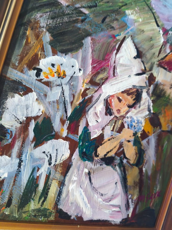 Image 1 of Original Signed Oil Painting – Village Church & Girl – Framed Vintage Artwork