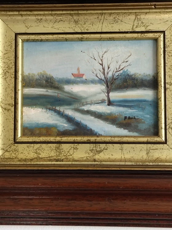 Image 1 of Antieke miniatuurschildering, winterlandschap, olieverf op hout, F. Roch