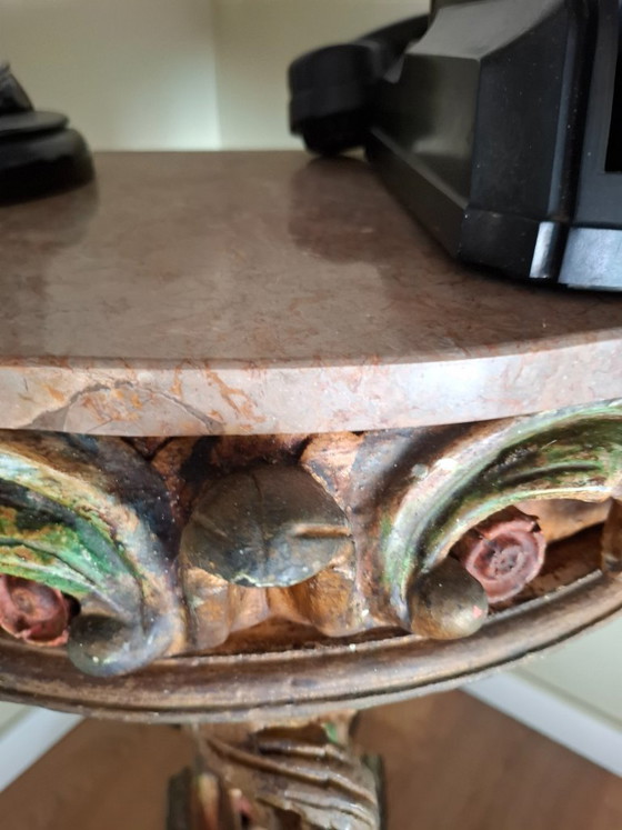Image 1 of Antique Portuguese Gilded Console Table with Marble Top - 19th Century Carved Wood - Hand-Painted Polychrome Details - VGC