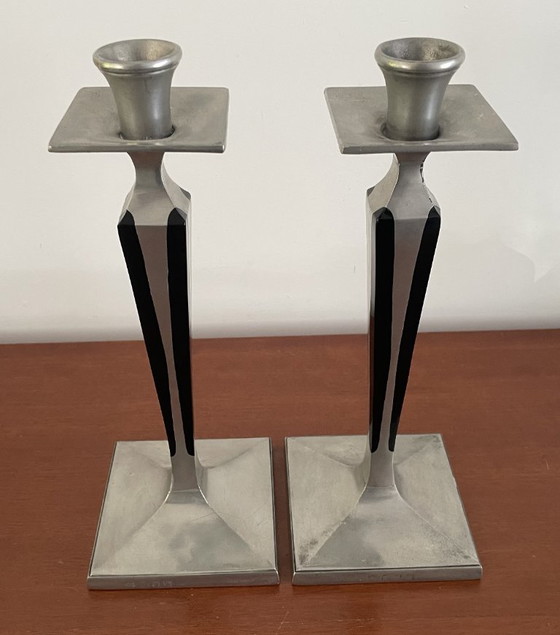 Crescent Silverware co NY - Two Art Deco Silver Pewter Candle holders – Metal, Textile (photo 2 of 10)