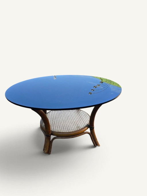 Round Coffee Table in Rattan, Cane and Smoked Blue Glass – 1970s – salontafels, Other