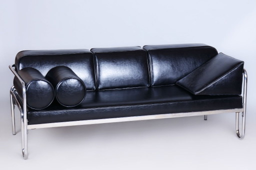 Divano Bauhaus restaurato, acciaio cromato, pelle di alta qualità, ceco, anni '30 – banken, Leather, Metal