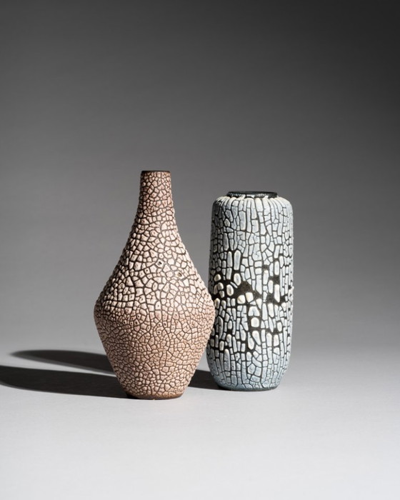 Image 1 of ALBERT KIESSLING "SNAKESKIN" Vase DUO East German Pottery REDUKTIONSGLASUR GDR