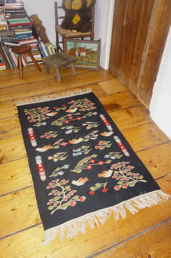 Image 1 of Vintage Oltenian Handwoven Bessarabian Kilim Rug with Birds, Tulips, and Flowers - Romanian Floral Woolen Wall Tapestry