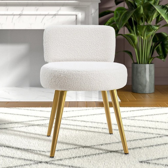 Image 1 of Voltsify Cream Faux Fur Vanity Stool Chair with Metal Legs for Apartments Guest Rooms Home Offices
