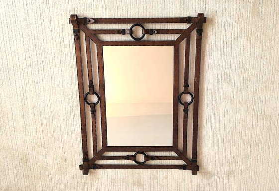 Image 1 of Iconic Large Mirror 1960's Design Jean-Pierre Ryckaert en Métal Façon Cuir Sellier à Surpiqures
