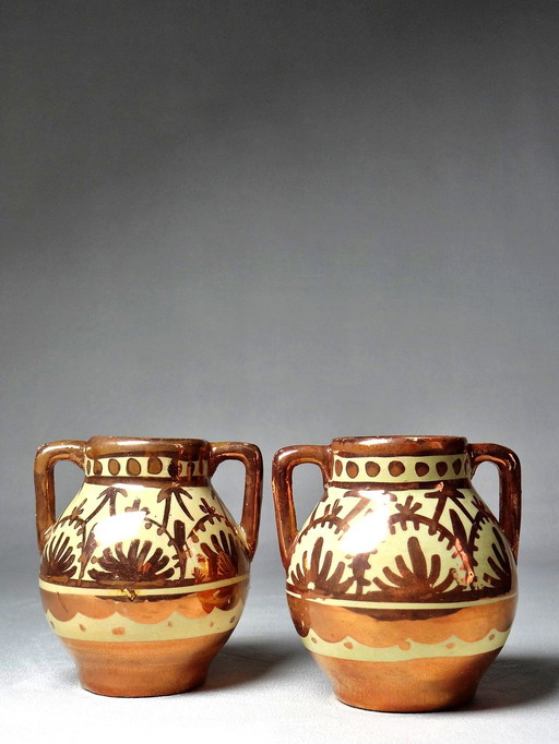 Duo Of Miniature Hispano-Moorish Vases Antique Crafts Copper Luster