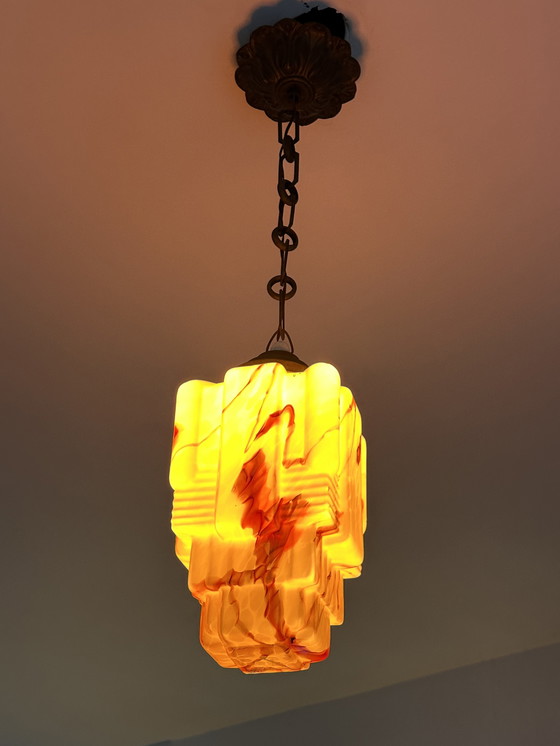 Image 1 of Lampada a sospensione Art Déco – Vetro marmorizzato scultoreo, anni '30-'40