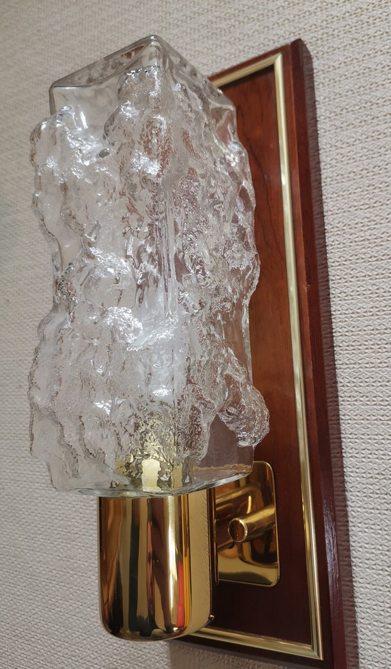 Image 1 of Set of Hollywood Regency ice glass wall lamps by Hillebrand teak vintage 70s