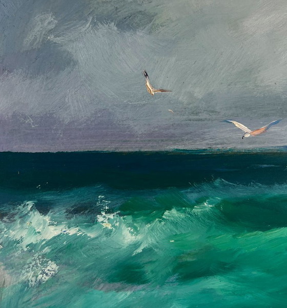 Image 1 of Original Oil Painting Coastal Waves Landscape Fishermen at sea