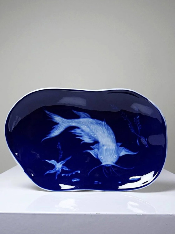 Vide-poche in porcellana smaltata blu di Limoges con design di pesce giapponese., Ciotole, Bianco, Vintage (foto 15 di 15)