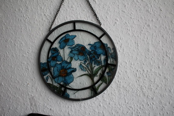 Image 1 of Window picture 20cm suncatcher stained glass motif blue poppies