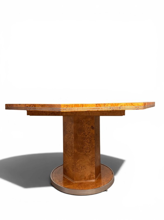 Image 1 of Mario Sabot Extendable Dining Table - Burl Wood & Metal (1970s)