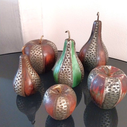 Set of 6 Decorative Sculptures – Apples & Pears | Wood & Perforated Metal Inlay | Handcrafted Boho-Luxury Design