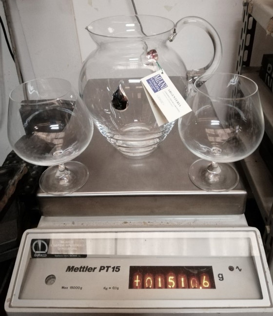 Image 1 of Karaf van geblazen glas met 3 druppels van 925 zilver en 2 proefglazen van geblazen glas.