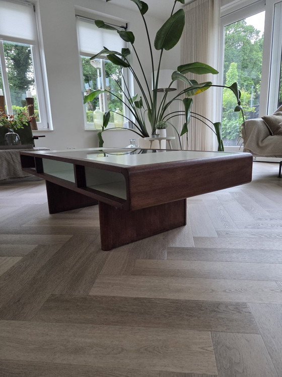 Image 1 of Unique Vintage Coffee Table with Wood and Smoked Glass