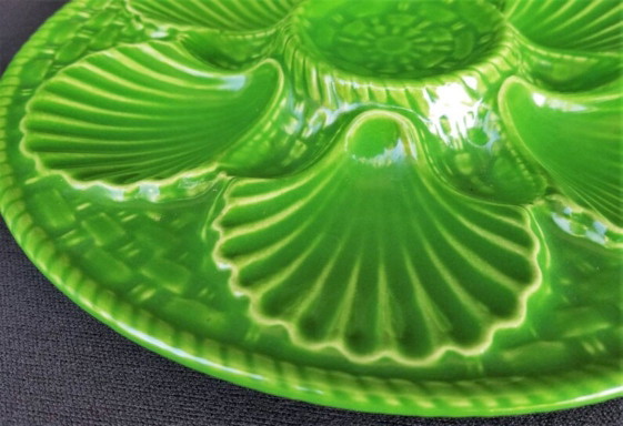 Image 1 of Set of 4 Vintage French Green Oyster Plates | Majolica Style Ceramic Seafood Serving Plates