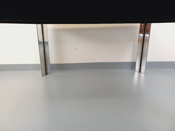 Image 1 of Table de repas carrée italienne vintage par Guido Faleschini pour Mariani x Hermès en verre fumé et métal chromé style Space Age