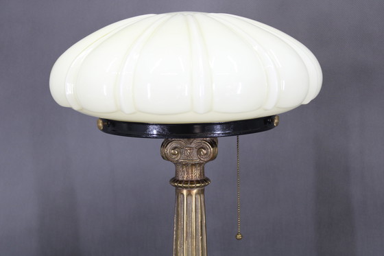 Image 1 of 1940s Restored Brass Table Lamp with Wooden Base and Glass Shade