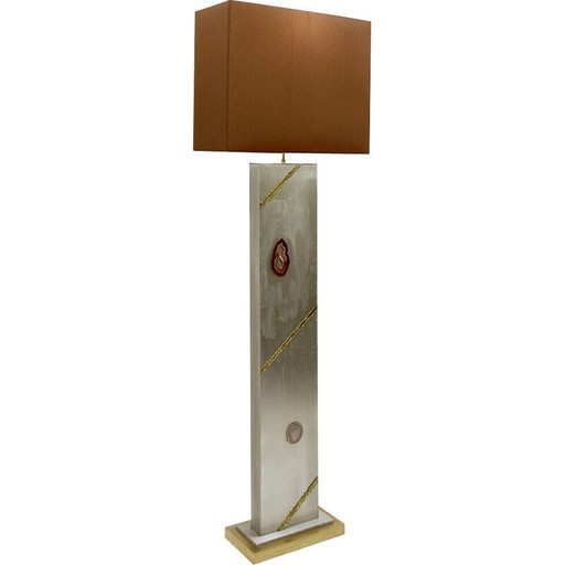 Vintage vloerlamp in geborsteld chroom, messing en agaat, jaren 1980