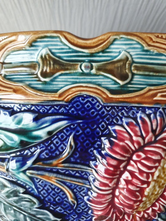 Belgian Majolica Jardinière, Faïencerie de Wasmuël (c.1900), Wasmuel, Plant pot, Ceramic, Multi Color (photo 9 of 13)