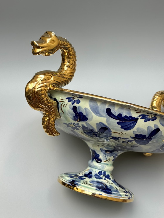 Image 1 of Große handbemalte Schale von H. Bequet mit vergoldeten Drachengriffen