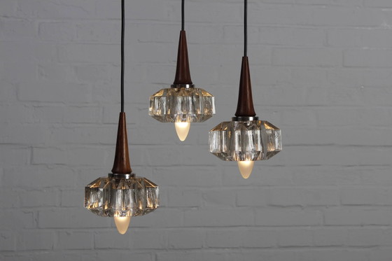 Drievlammige plafondlamp in ebbenhout en glas vintage lamp – Hanglampen, Crystal, Scandinavian (photo 11 of 11)