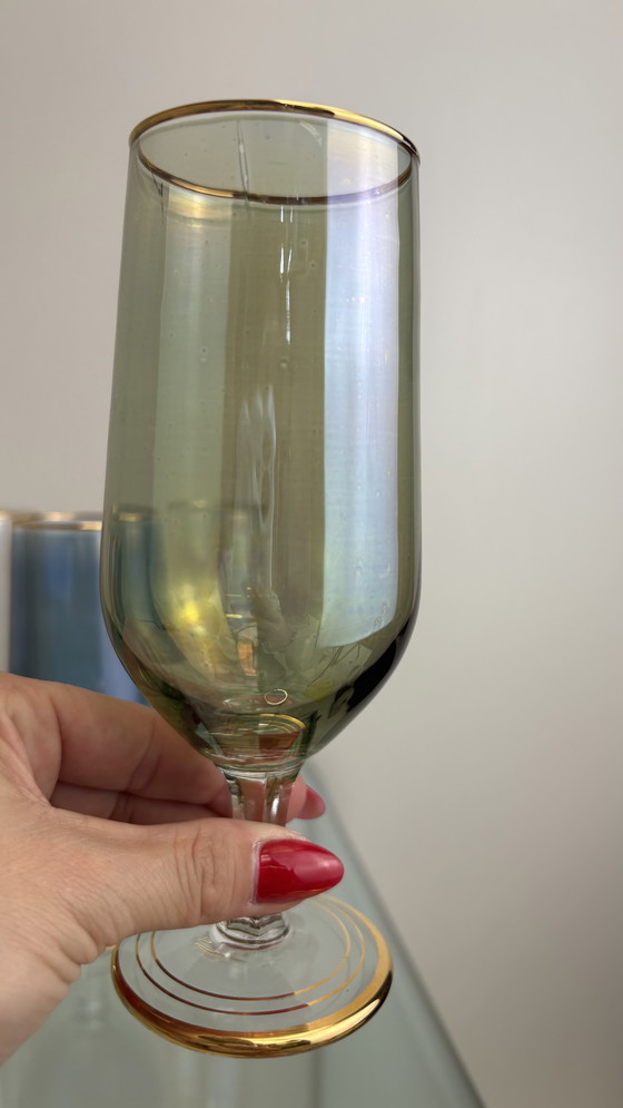 Image 1 of 8 x Vintage iridescent wine glasses or water glasses rainbow glass