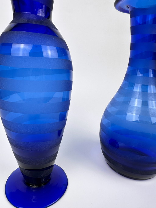 Vase Set Cobalt Blue Stripe Swirl Postmodern 90s Vintage Frosted Satin Y2K