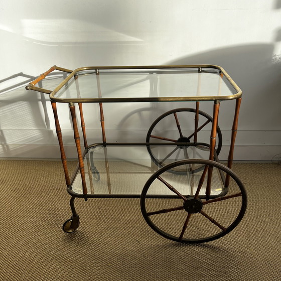 Image 1 of Faux Bamboo brass bar cart trolley serving trolley vintage