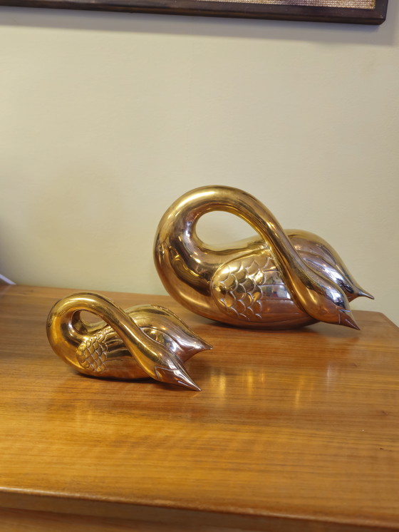 Image 1 of Vintage Zware Messing Zwanen Zwaan Vogels Beelden