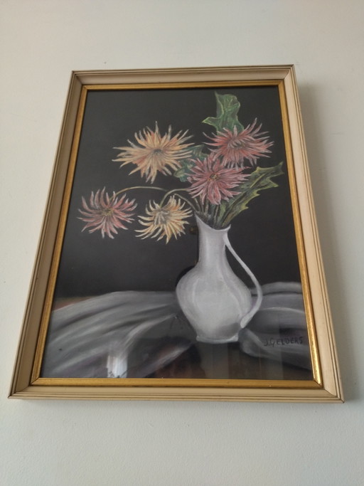 Tableau ancien pastel fleurs J Gelders cadre doré vintage