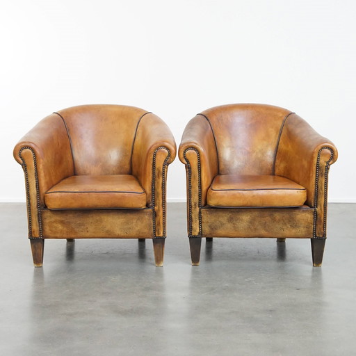 2 x Fauteuil club vintage en cuir de mouton