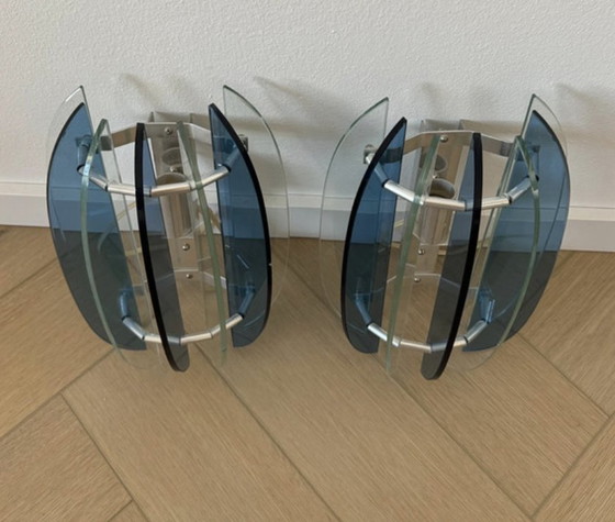 Image 1 of Pair of VECA Italian Wall Lamps for Fontana Arte - Chromed Steel and Crystal Glass - 1960s