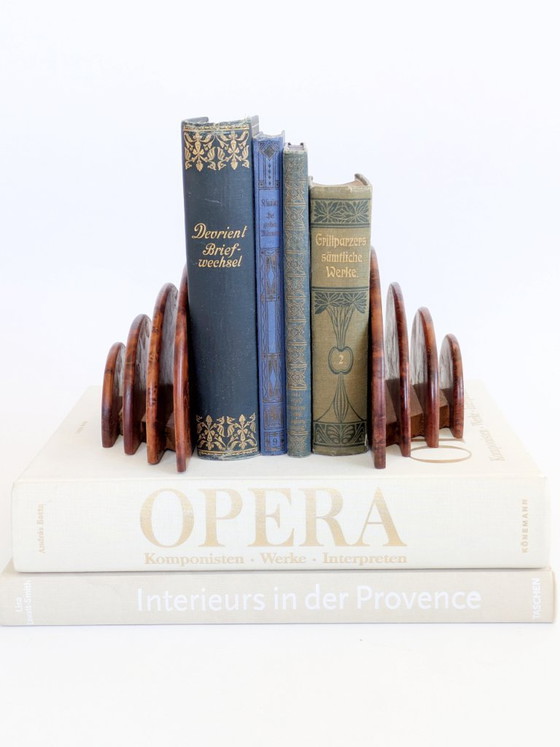 Image 1 of Pair Art Deco Burl Wood Letter Holder Bookends Midcentury Desk Organizer Set