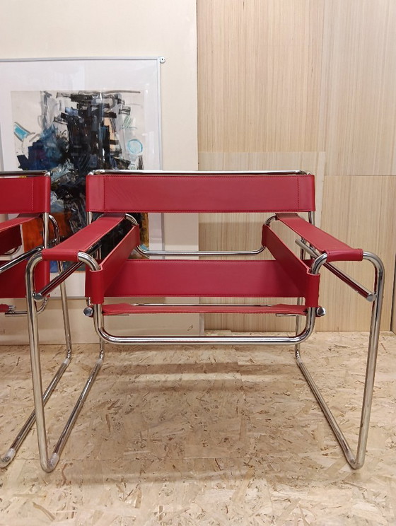 Image 1 of KNOLL Studio Set van 2 WASSILY B3 fauteuils (NIEUW) in rood leer