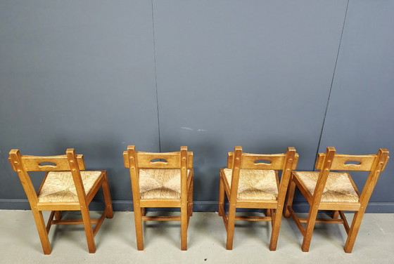 Image 1 of Vintage eiken en rieten brutalistische stoelen, jaren 60 - set van 8