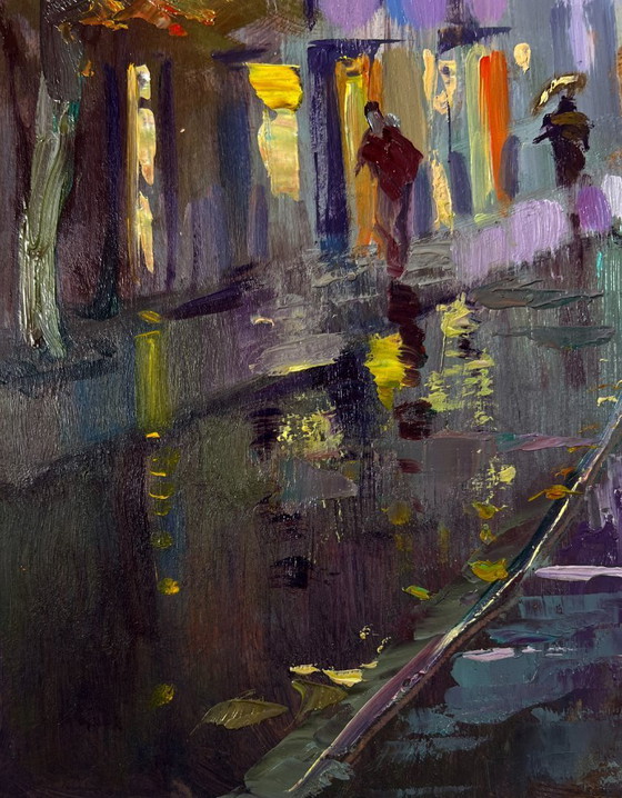 Image 1 of Original Oil Painting Autumn Street Landscape City Tram Slides Along The Tracks