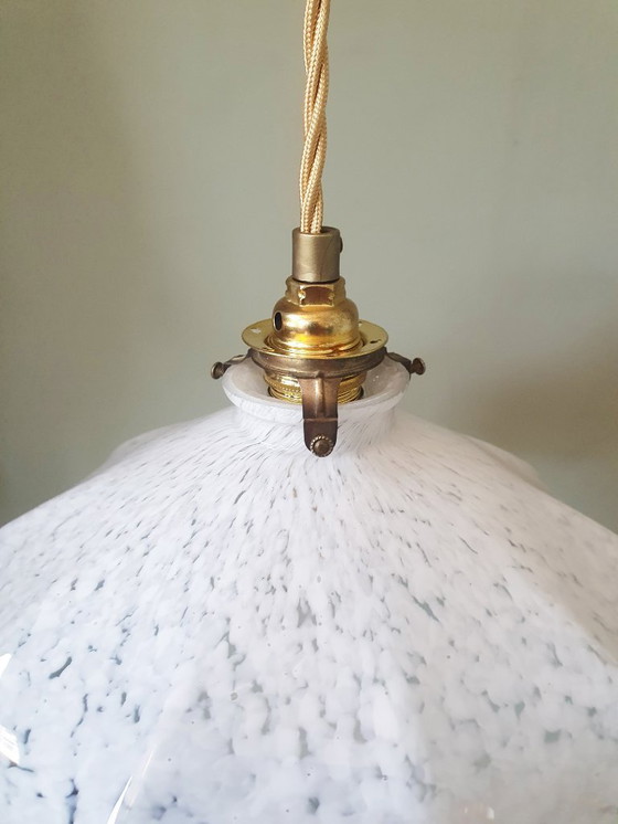 Image 1 of lampada a sospensione esagonale vintage - vetro opalino - paralume bianco marmorizzato