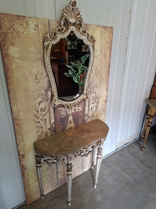Antieke barok wandconsole, sidetable. haltafel met spiegel afm: 87x34m en 76cm hoog.

afm. spiegel 55x95cm 