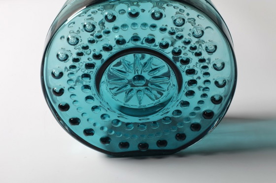 Image 1 of Large Vintage Teal Sunburst Blue Bubble Glass Vase / Erich Jachmann for WMF / 1960s