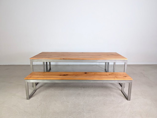 Industrial dining table set including 2 benches, designer bench, vintage style