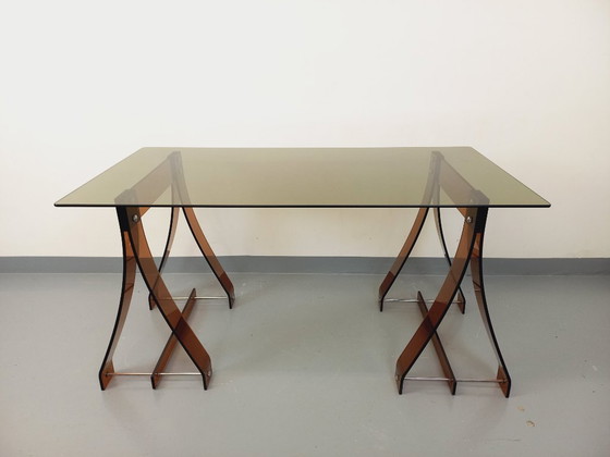 Image 1 of Scrivania vintage di Marcello Gacita e Pierre Tiberi per Rodet in vetro fumé, plexiglass e metallo cromato degli anni &#39;70